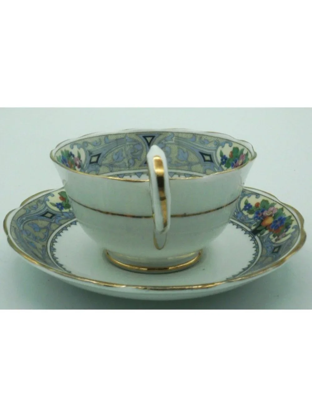 Royal Albert Teacup Saucer Set Art Deco Crown China Fruit Flowers Cameo Border